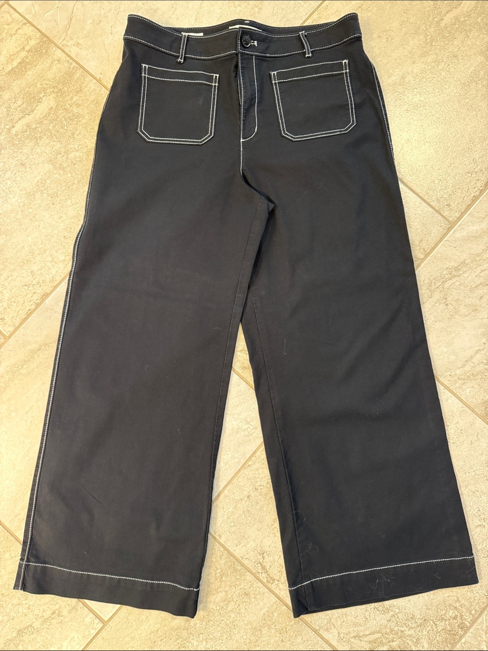 LOFT Palmer Black Wide-Leg Pants with White Contrast Stitching